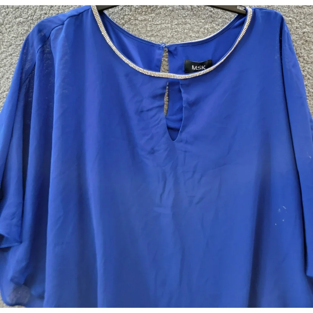 MSK Embellished Overlay Top Women's XL Goddess Blue Solid Scoop Neck Button Back - Picture 3 of 14